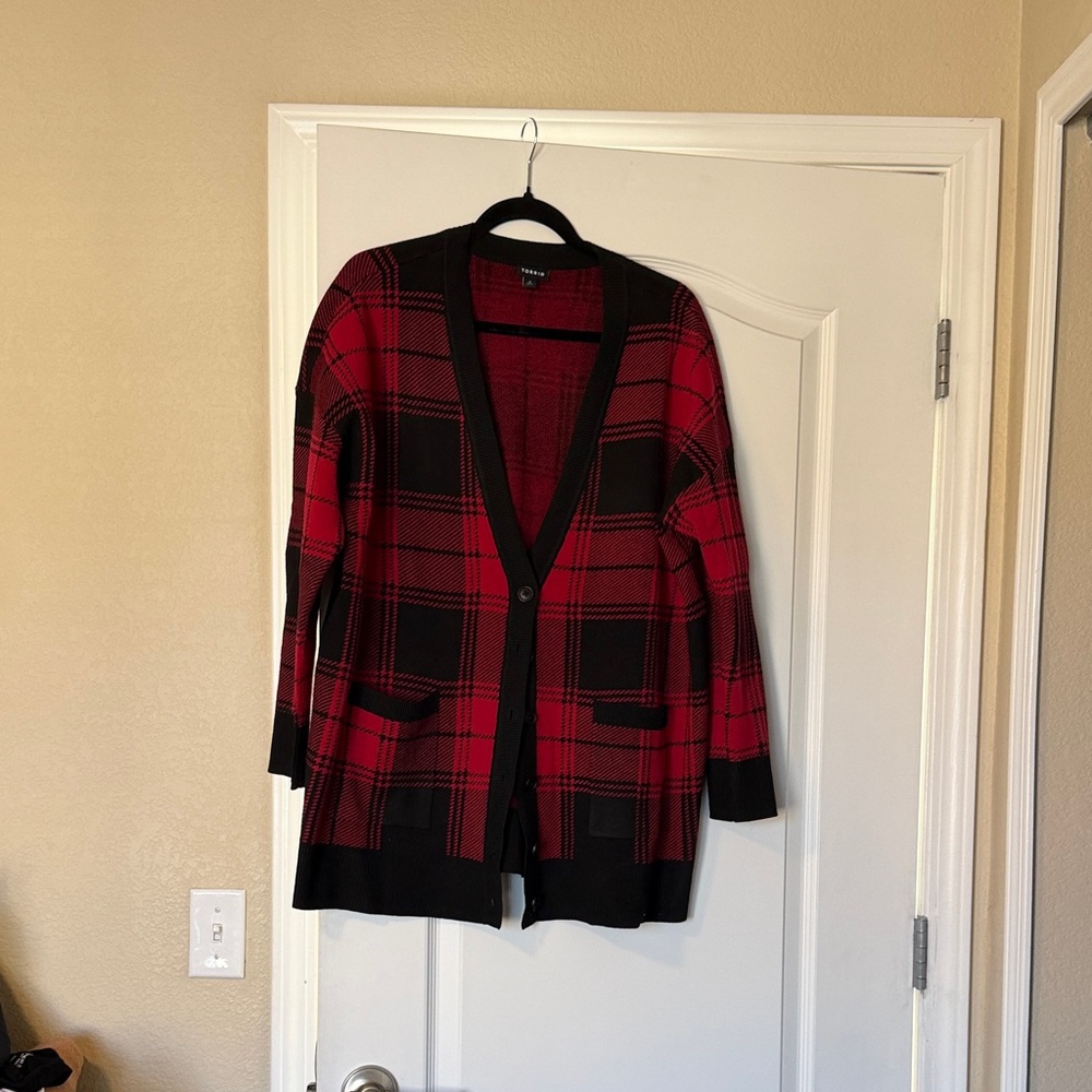 torrid Red and Black Plaid Long Cardigan